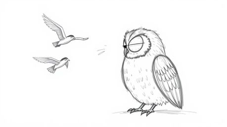 A heartwarming, hand-drawn illustration in the style of Pixar depicts a blind owl with distinct pencil strokes, dedicatedly t