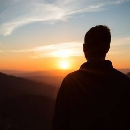 A captivating high-angle shot captures a silhouette against a vibrant sunset over a serene mountain valley.  The backlighting