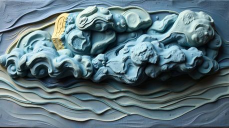 Experience the dynamic motion of sculptural clay art depicting a breathtaking thunderstorm.  Cool blues, greens, and purples 