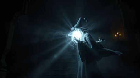 A classic Disney villain casts a mesmerizing spell within the ancient walls of a castle. The scene is bathed in high-contrast