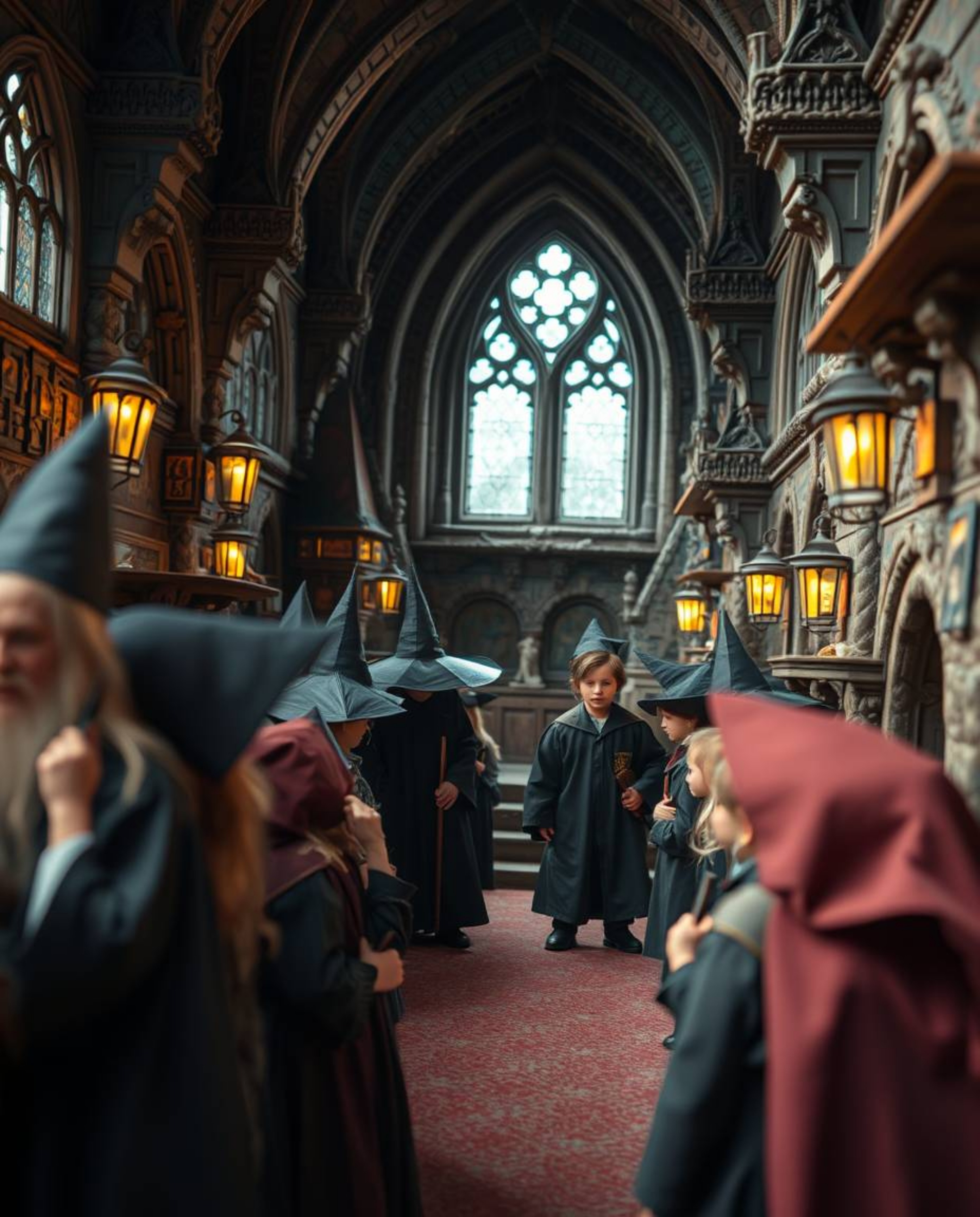 Explore an enchanting world captured in extreme macro detail: a magical school brimming with young wizards. This photograph u