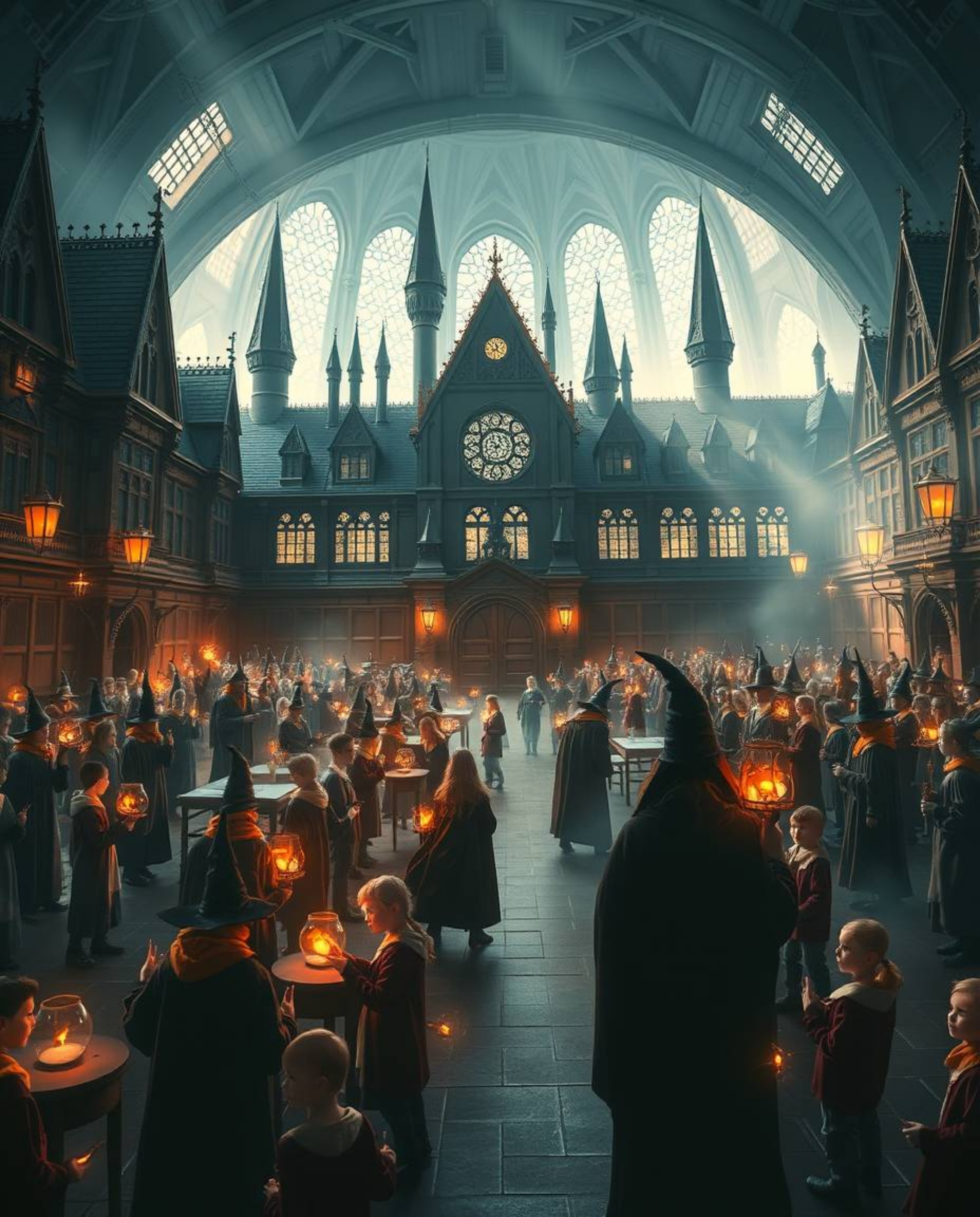 Experience a grand and epic scene set within a magical school teeming with young wizards, reimagined in a modern futuristic s