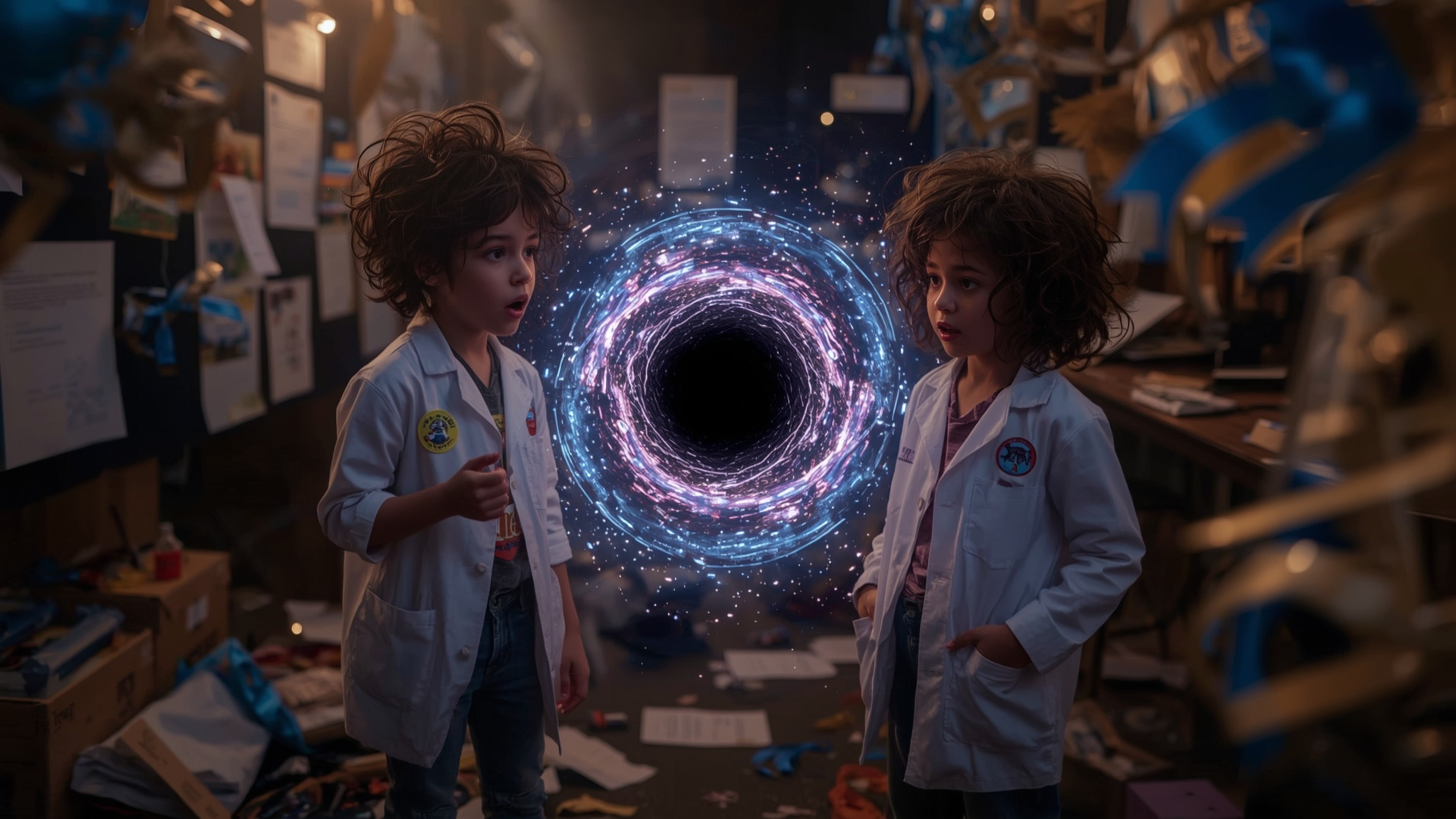 In a dramatic, high-contrast cinematic photograph, two excited science fair participants, a boy and a girl with diverse skin 