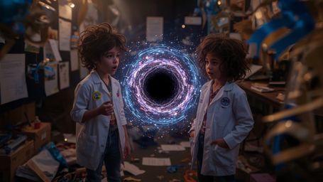 In a dramatic, high-contrast cinematic photograph, two excited science fair participants, a boy and a girl with diverse skin 