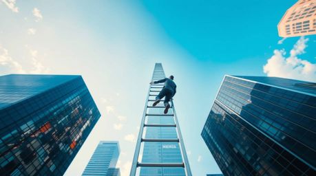 This image depicts a businessperson ascending a transparent ladder that disappears into a vibrant blue sky above towering sky