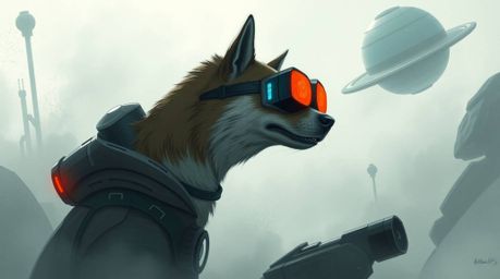 Dive into a futuristic sci-fi world where a canine detective, equipped with high-tech gadgets, unravels mysteries in a thick,