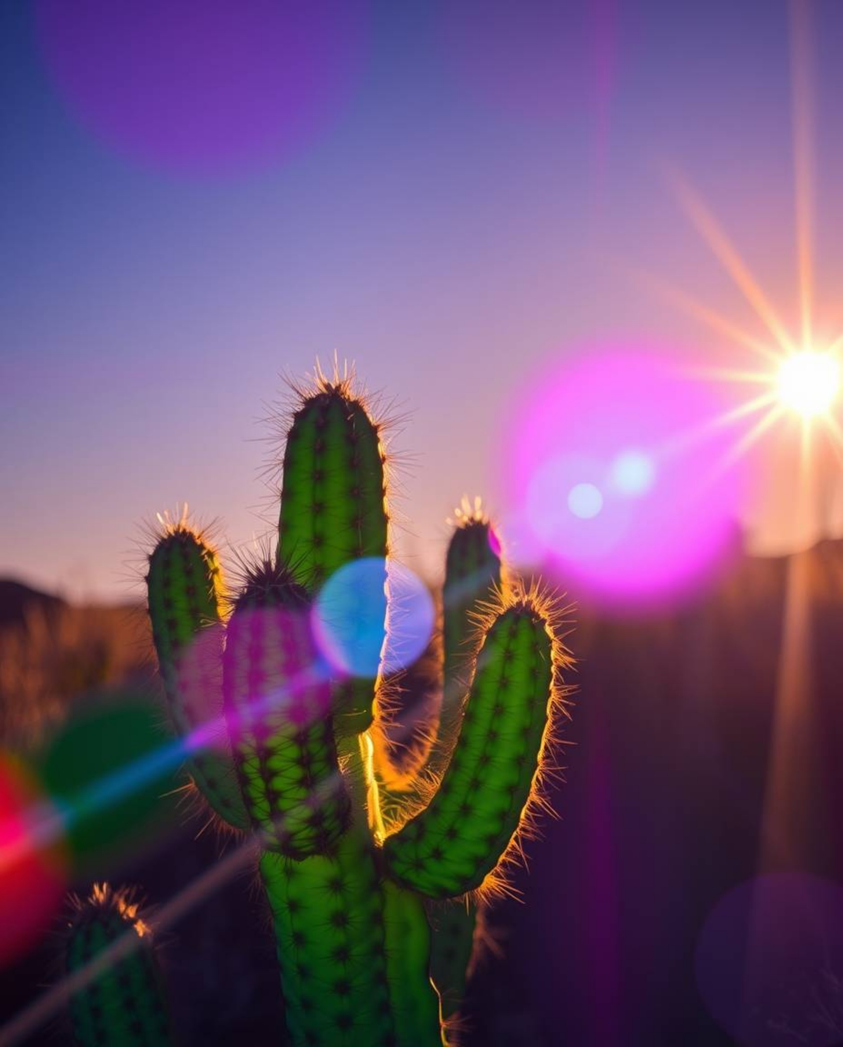 A visually stunning piece featuring a desert cactus that glows in the last rays of the sun, presented in a cool color palette