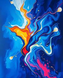 Explore a captivating acrylic painting featuring futuristic 3D fluid shapes with glowing edges against a deep blue backdrop. 