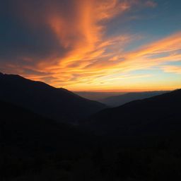 Experience the serene beauty of a high-resolution stock photo depicting a rich, deep teal sunset over a tranquil mountain val