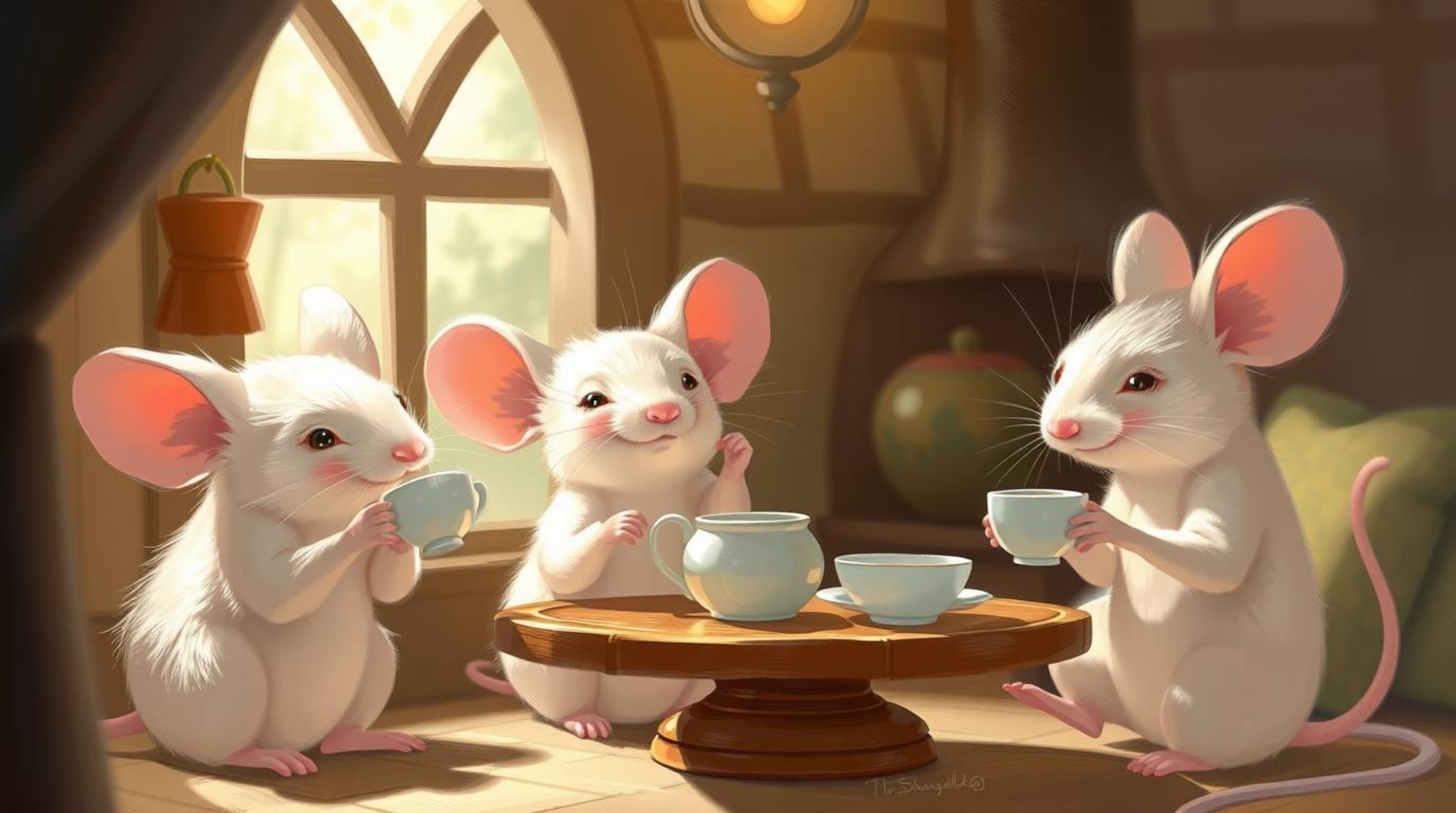 A charming digital painting depicts anthropomorphic mice enjoying a relaxing tea party in a cozy cottage.  Soft pastel colors