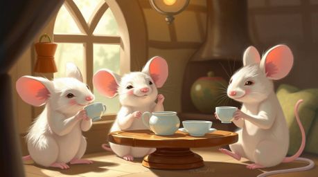 A charming digital painting depicts anthropomorphic mice enjoying a relaxing tea party in a cozy cottage.  Soft pastel colors