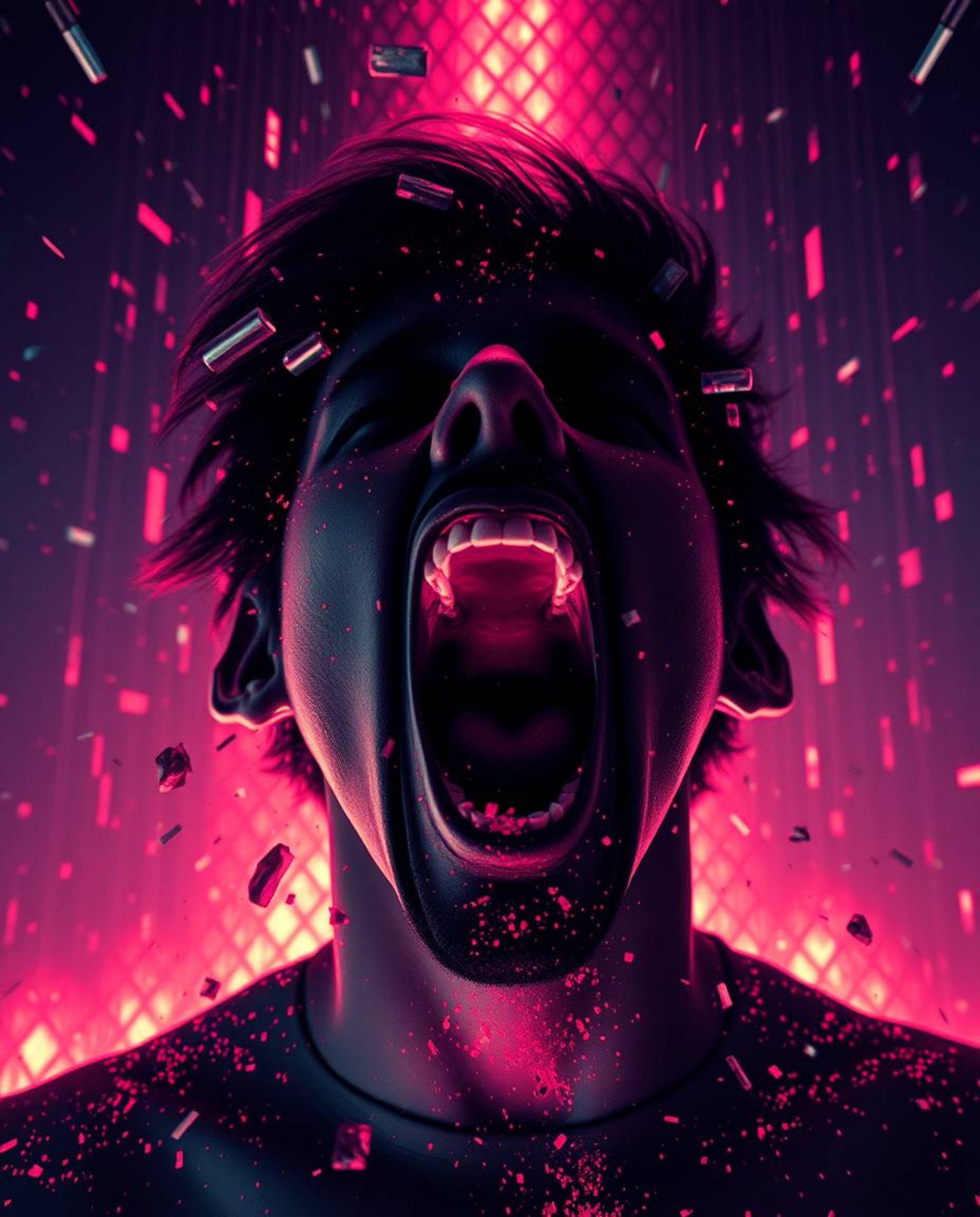 Witness a captivating futuristic scene where a person's reality disintegrates into pixels under intense dramatic lighting and