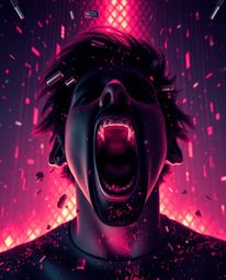 Witness a captivating futuristic scene where a person's reality disintegrates into pixels under intense dramatic lighting and