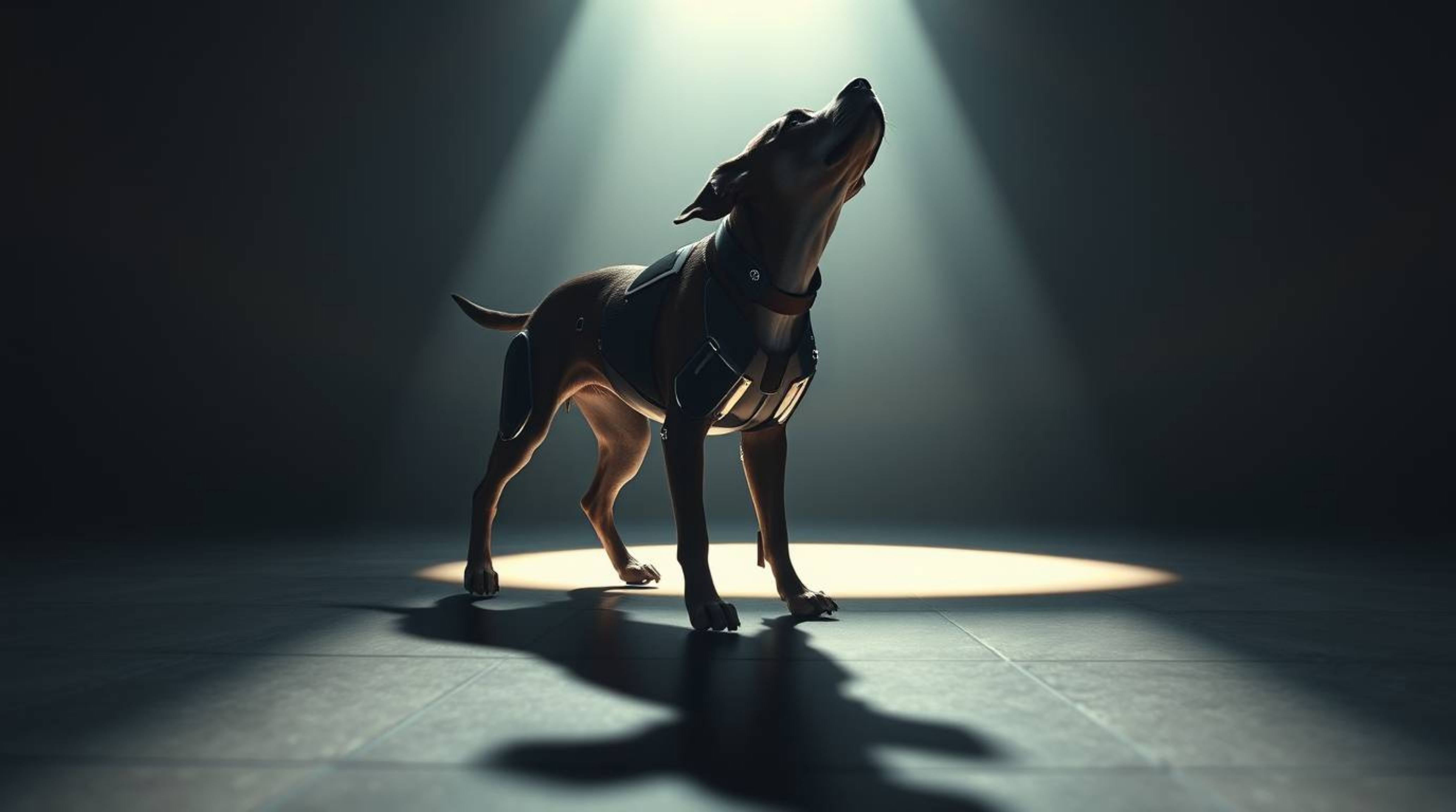This high-resolution stock photo showcases a futuristic dog walking itself in space. The image features strong, hard lighting