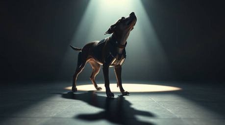This high-resolution stock photo showcases a futuristic dog walking itself in space. The image features strong, hard lighting