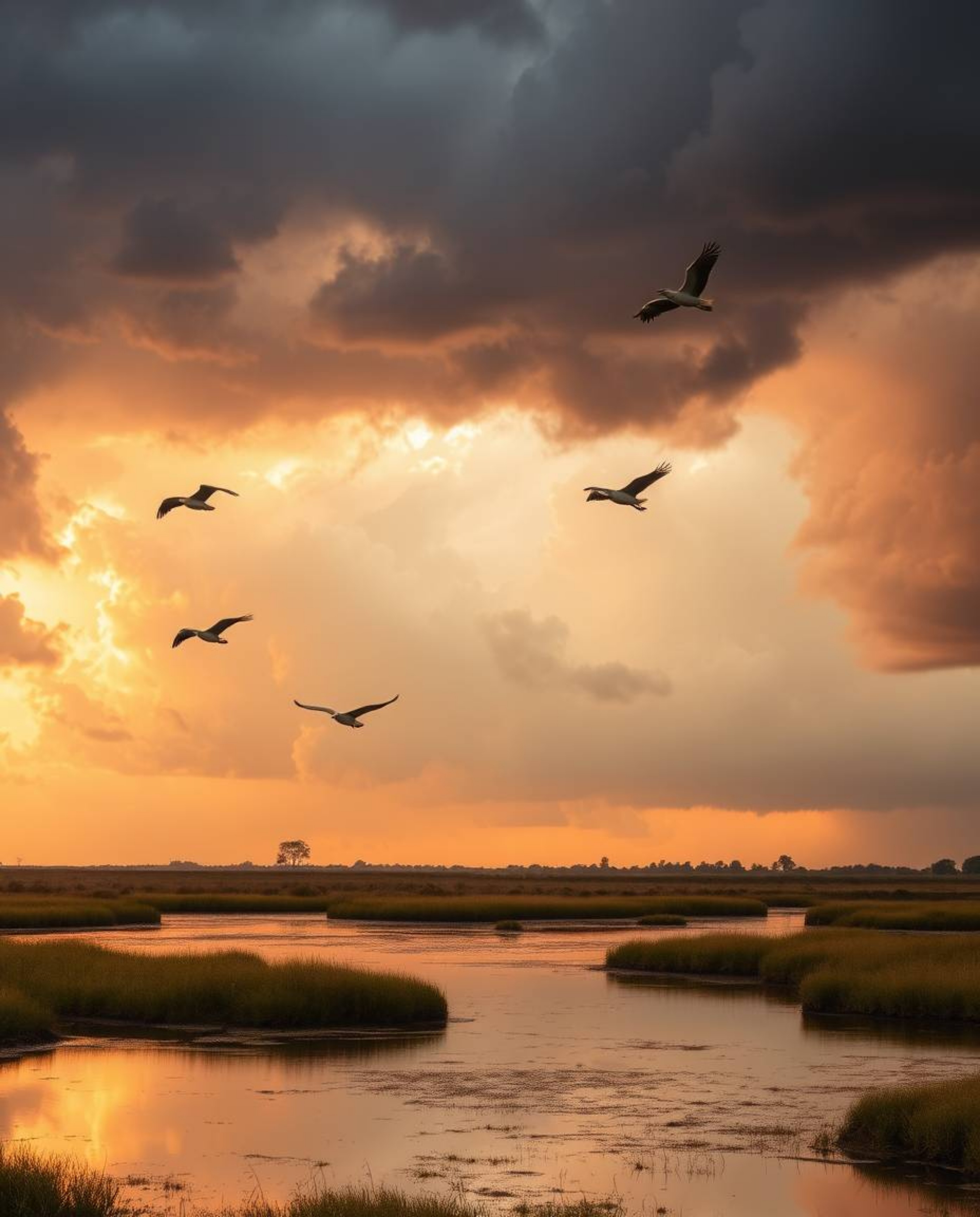 A scene of intense dramatic weather as golden hour light shines over wetlands, with herons flying against stormy skies. This 