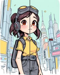 A vibrant, hand-drawn illustration in a sketchnote style depicts a young, inventive girl in a futuristic city.  Inspired by P
