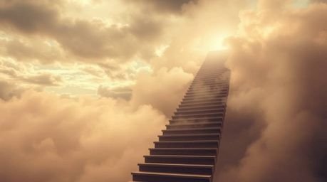 A captivating image depicts a winding stairway composed of smoke and light, ascending into a vast, cloudy sky. This ethereal 