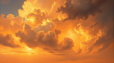 A classic oil painting depicting a breathtaking sunset scene.  Warm golden hour light illuminates dramatic thunderstorm cloud