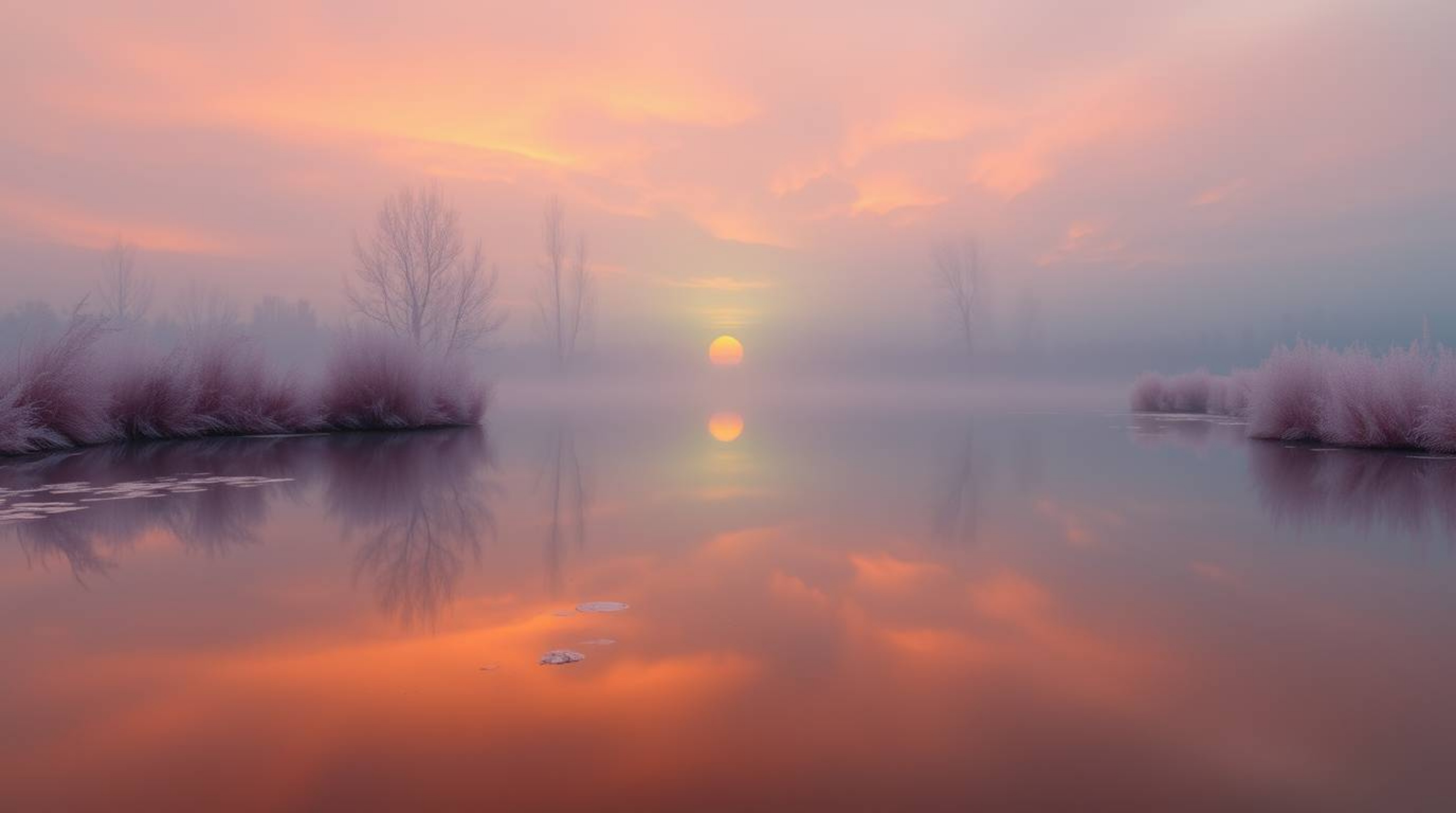 A captivating surreal infrared image depicts a tranquil pond mirroring a vibrant sunset.  Gentle color contrasts, hazy soft l