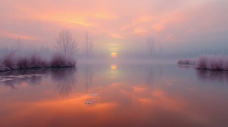 A captivating surreal infrared image depicts a tranquil pond mirroring a vibrant sunset.  Gentle color contrasts, hazy soft l