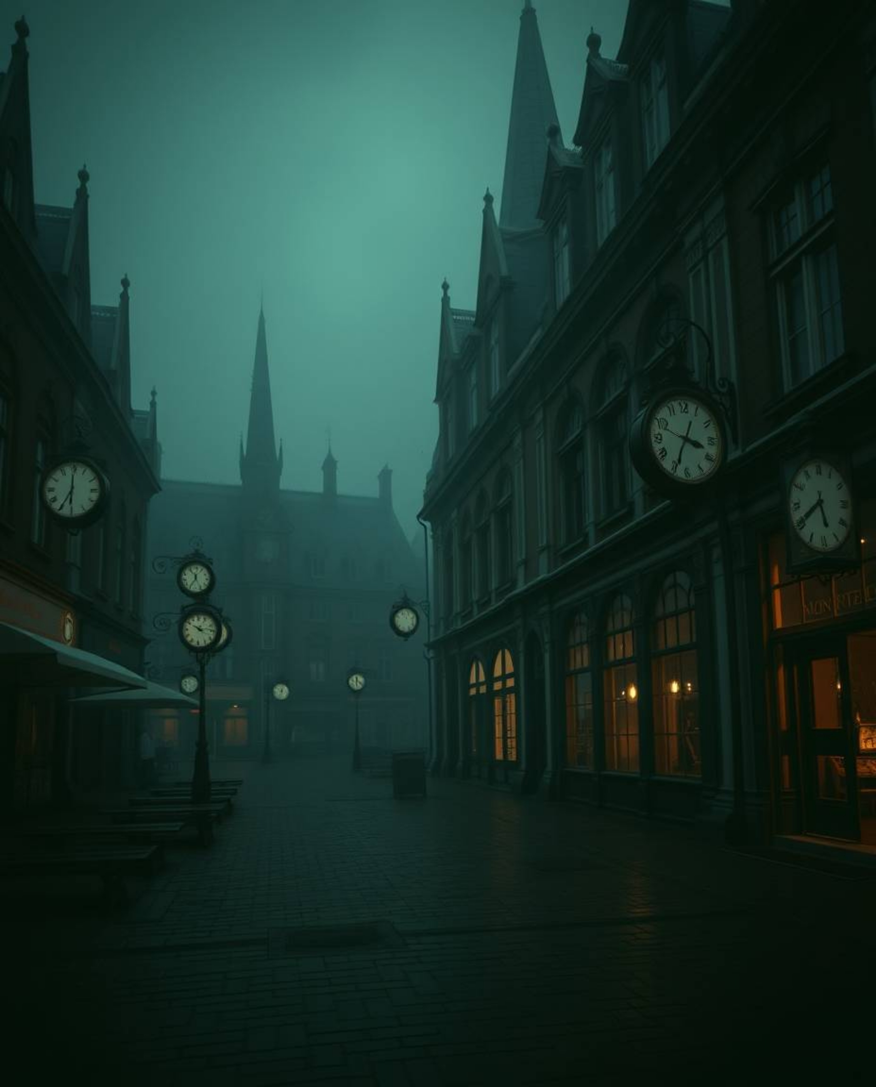 Explore a hauntingly beautiful scene featuring an eerie and creepy atmosphere in an empty town square.  The unsettling detail