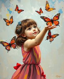 A captivating oil painting showcasing a girl's enchanting moment as she releases butterflies into the air. The artwork is dis