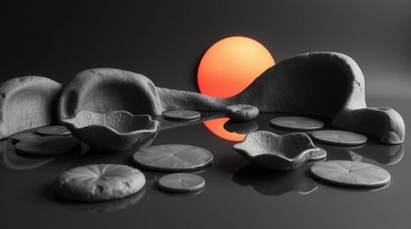 This collection features sculptural clay art in classic black and white, depicting a calm pond reflecting a colorful sunset. 