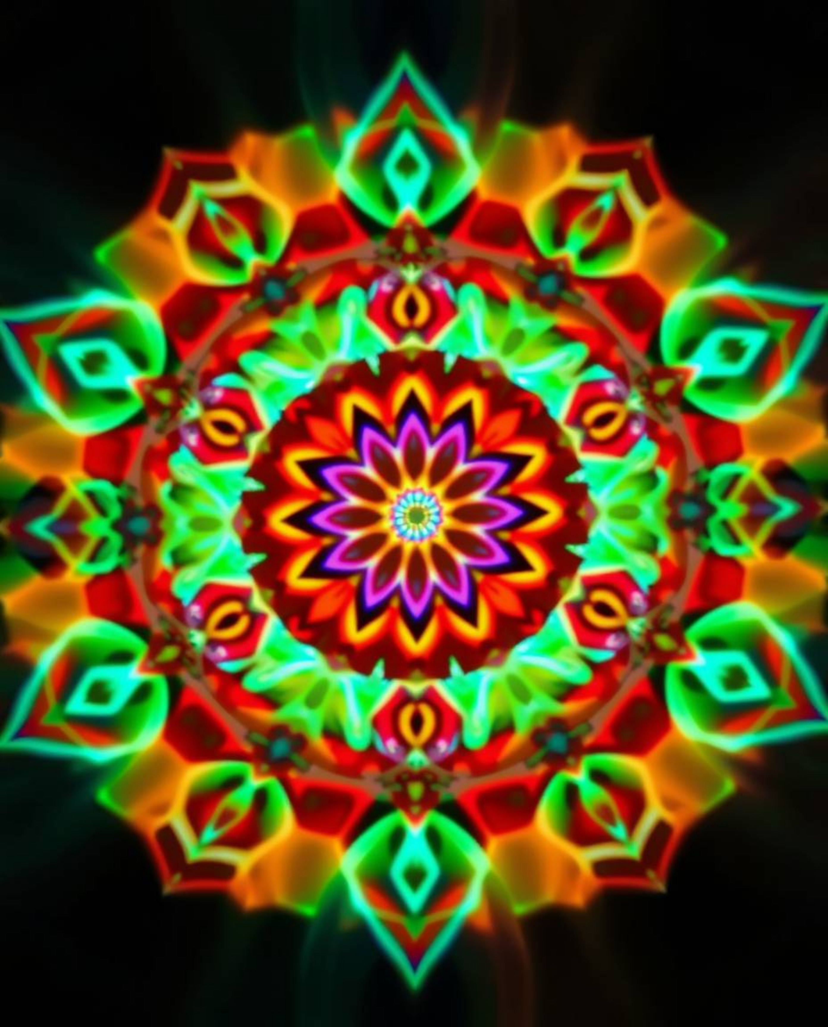 This artwork features a captivating geometric floral mandala brought to life with vibrant colors and a perfectly symmetrical 