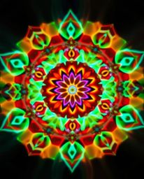 This artwork features a captivating geometric floral mandala brought to life with vibrant colors and a perfectly symmetrical 