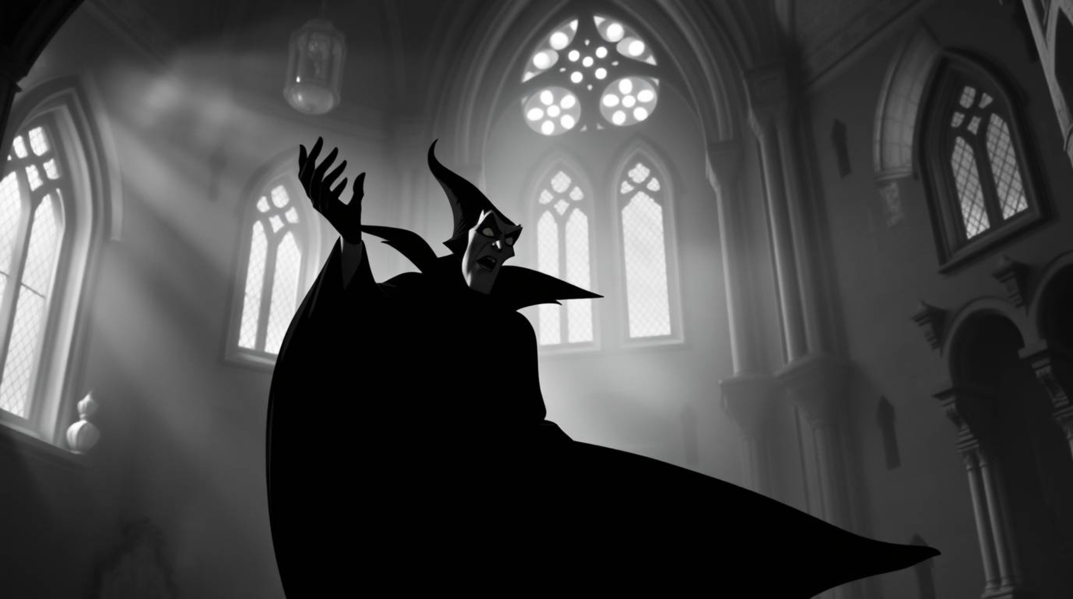 A timeless and elegant image depicting a classic Disney villain casting a spell within an old castle. Rendered in classic bl