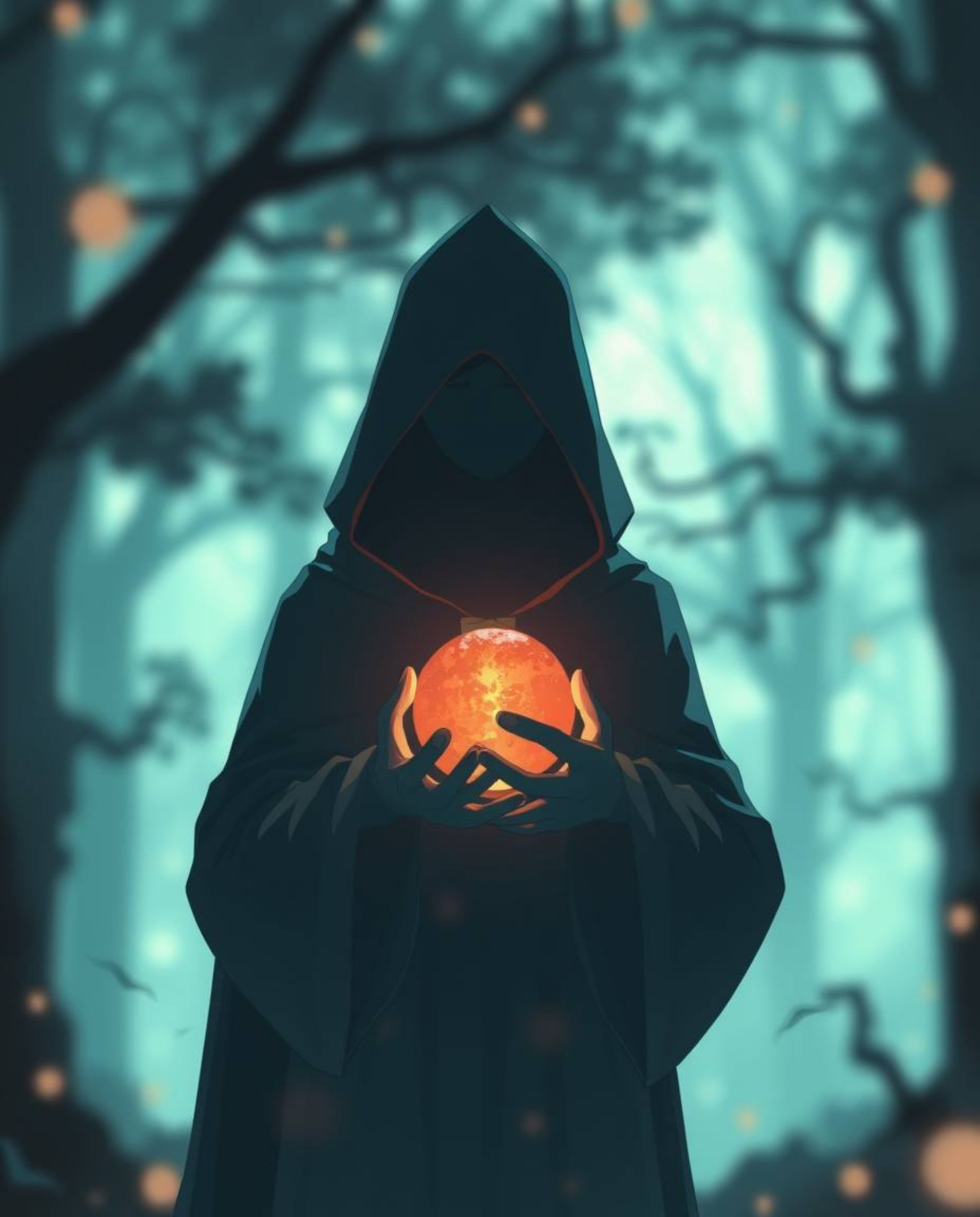 A mysterious cloaked figure, rendered in sharp focus, stands within a misty forest, cradling a glowing orb. The scene is depi
