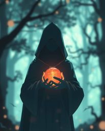 A mysterious cloaked figure, rendered in sharp focus, stands within a misty forest, cradling a glowing orb. The scene is depi