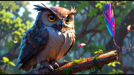 In a beautifully composed scene that blends the styles of Pixar and anime, a wise blind owl is depicted sitting proudly atop 