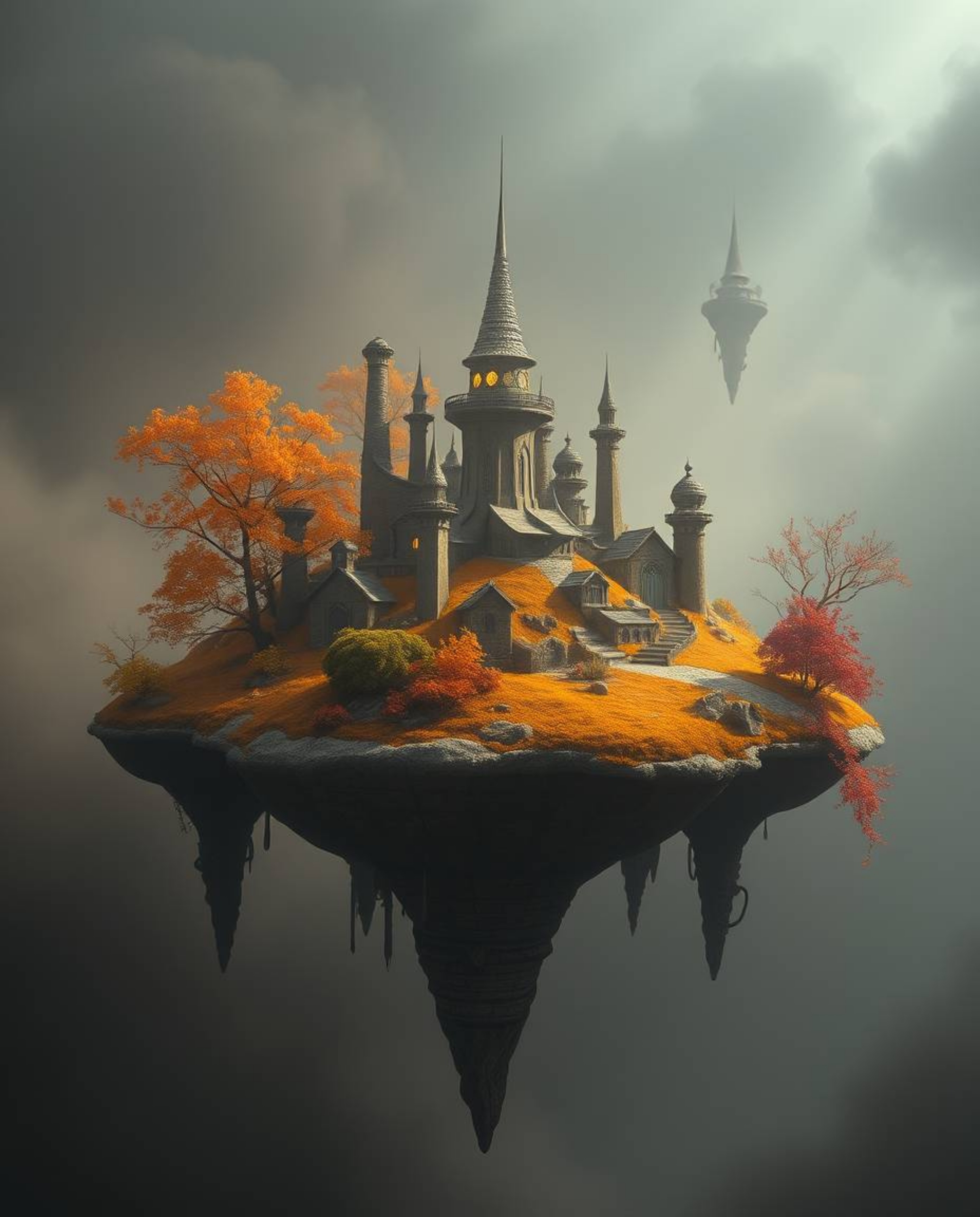 Explore a captivating surreal floating island boasting strange and unique architecture, bathed in the soft, warm hues of autu
