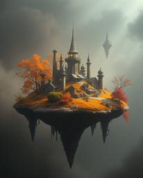 Explore a captivating surreal floating island boasting strange and unique architecture, bathed in the soft, warm hues of autu