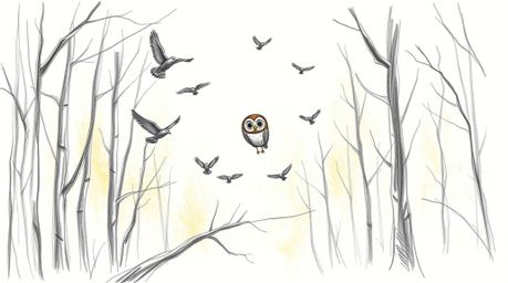 A captivating Pixar-style hand-drawn sketch depicts a blind owl, its feathers subtly textured, gently guiding a flock of bird