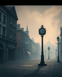 Explore a digitally painted image of an empty town square, rendered in a dramatic cinematic style. The scene features ticking