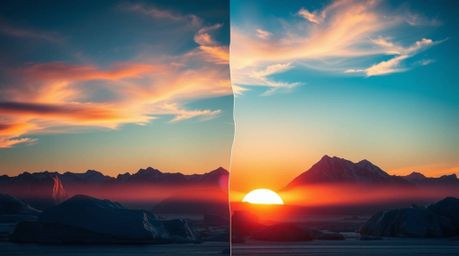 This stunning creative light art depicts a breathtaking split sunset over icy polar glaciers, featuring bold areas and abstra