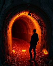 A person stands at the edge of a tunnel, captivated by the light emanating from within, bathed in the warm hues of autumn. Th