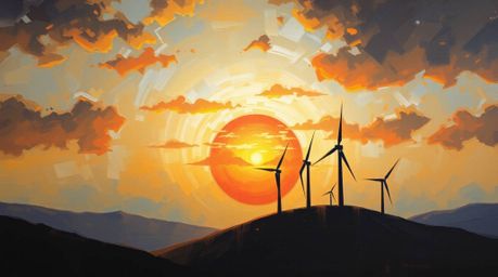 A captivating classic oil painting depicting a dramatic sunset behind a row of wind turbines perched on a hill.  The artwork 
