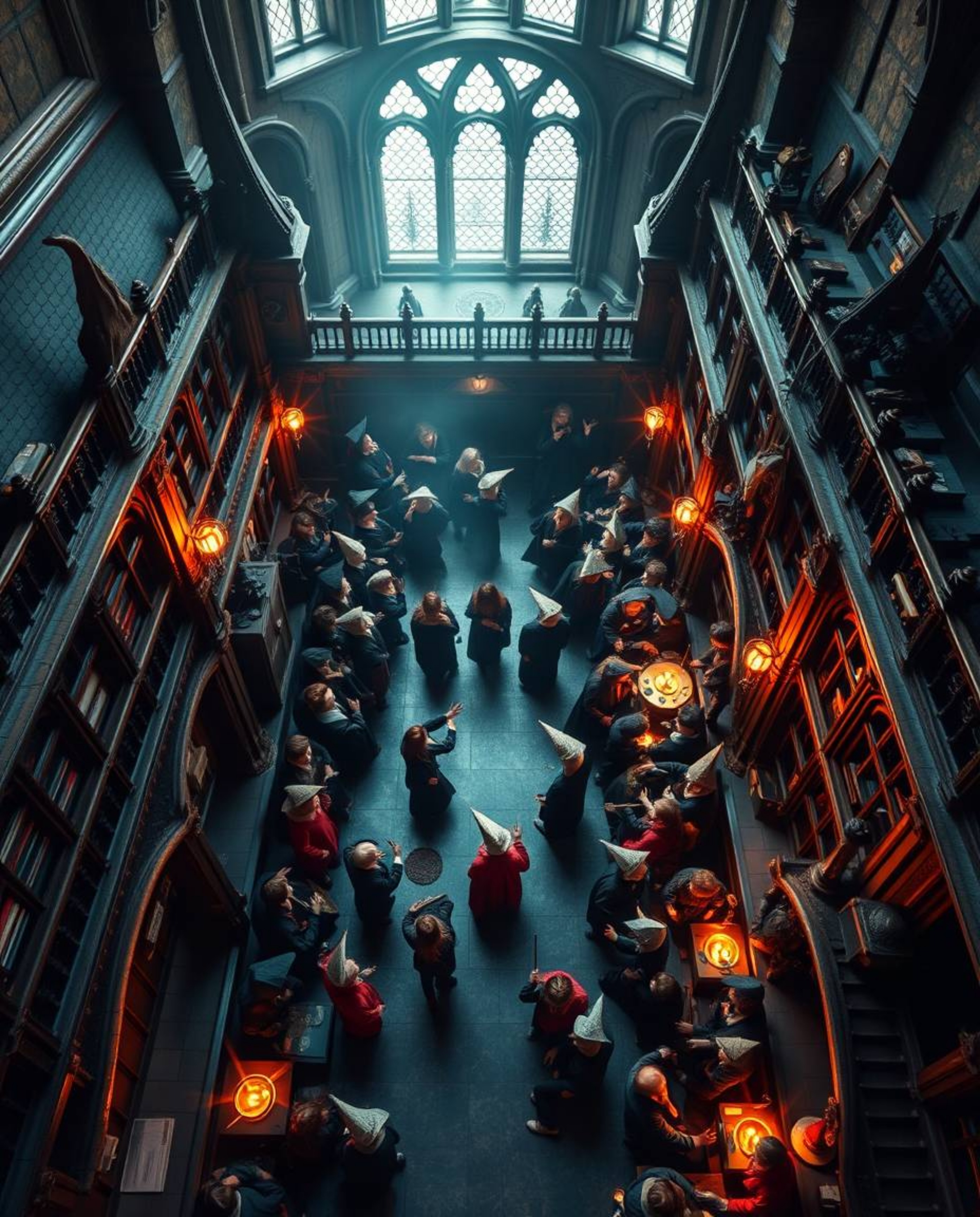 Overhead bird's eye view professional photograph capturing a magical school teeming with young wizards. The image features wa