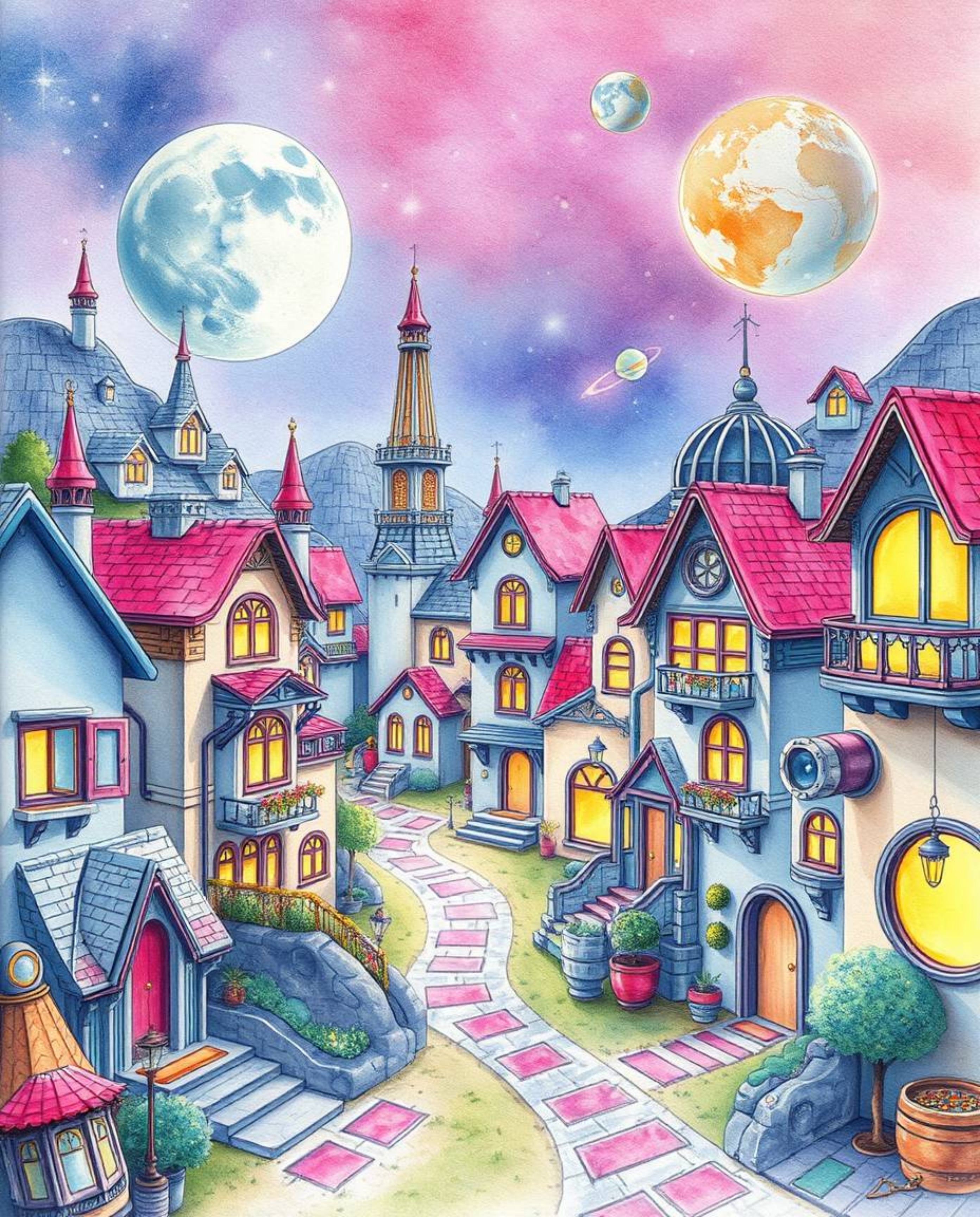 Explore a whimsical fusion of futuristic sci-fi and charming aesthetics with this watercolor painting depicting an adorable,