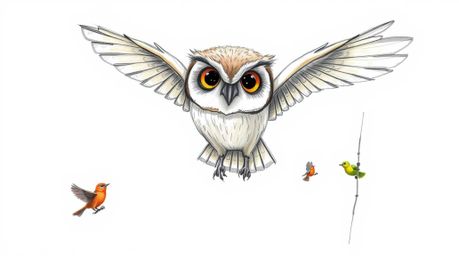 A heartwarming hand-drawn sketch depicts a blind owl, rendered in Pixar style with large, expressive eyes and light brown fea