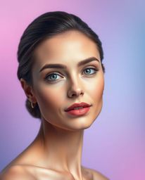 A graceful and elegant portrait featuring refined facial features. The image showcases a soft gradient texture blending pink,