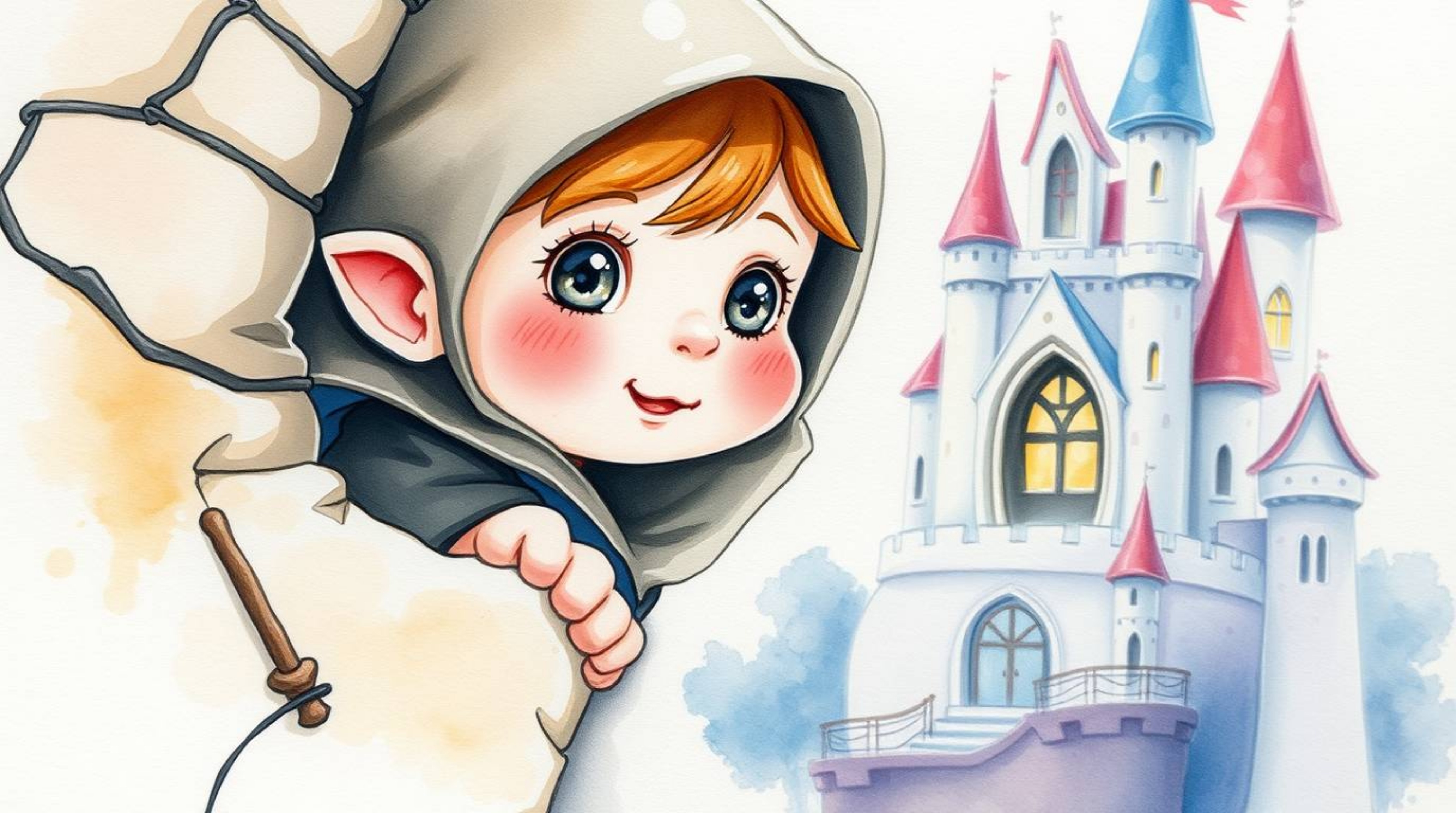 A delicate watercolor painting depicts a cute and charming thief with bright eyes and rosy cheeks, sneaking into a whimsical 