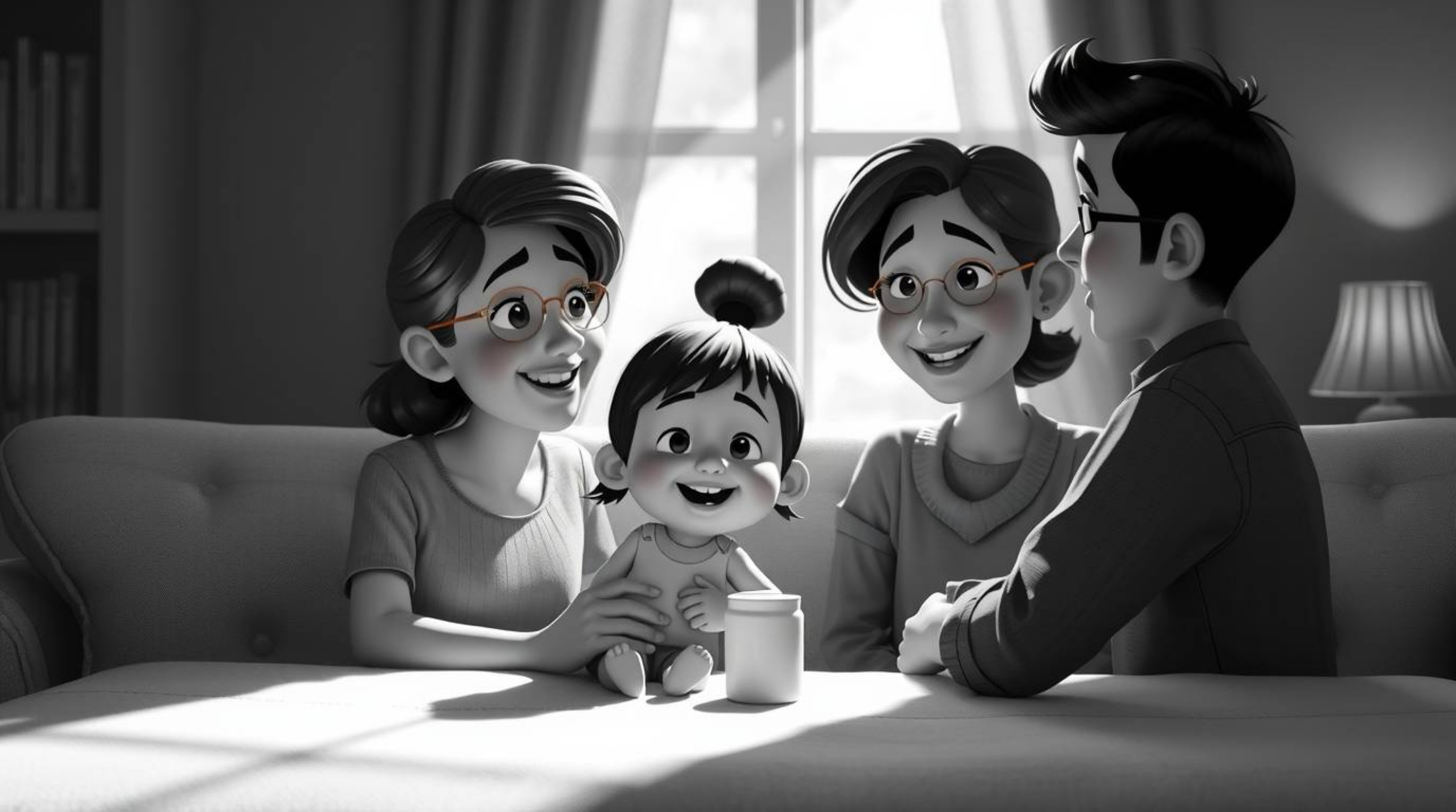Capture the timeless elegance of a heartfelt Pixar-style family reunion in a classic black and white image. The gentle, soft 