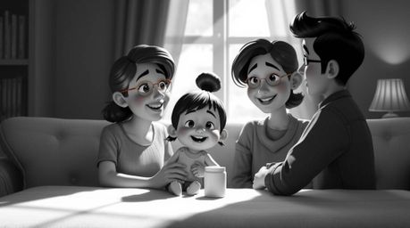 Capture the timeless elegance of a heartfelt Pixar-style family reunion in a classic black and white image. The gentle, soft 