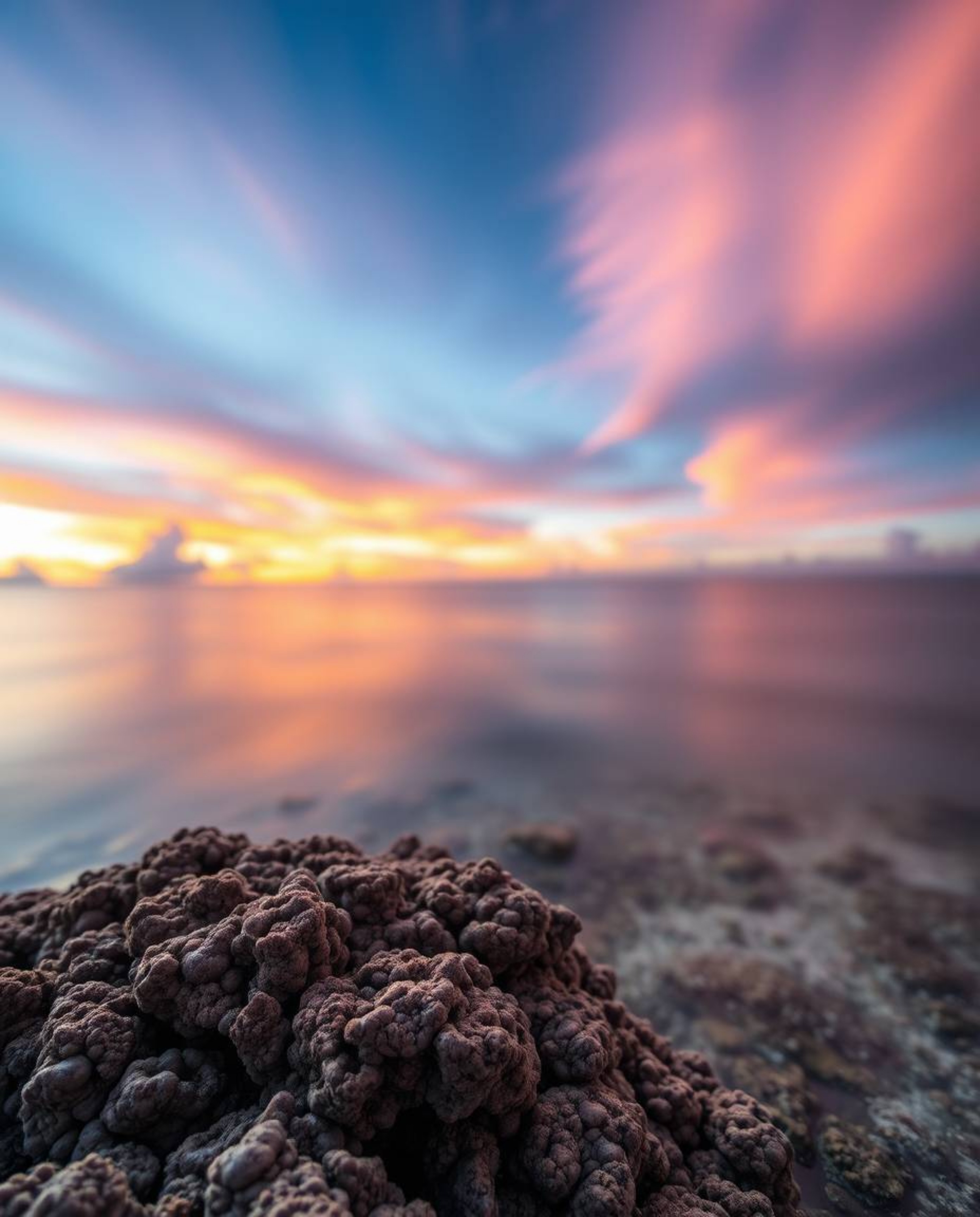 A long-exposure photograph captures a colorful sky over a coral reef at low tide. This stunning image features a sharp focus 