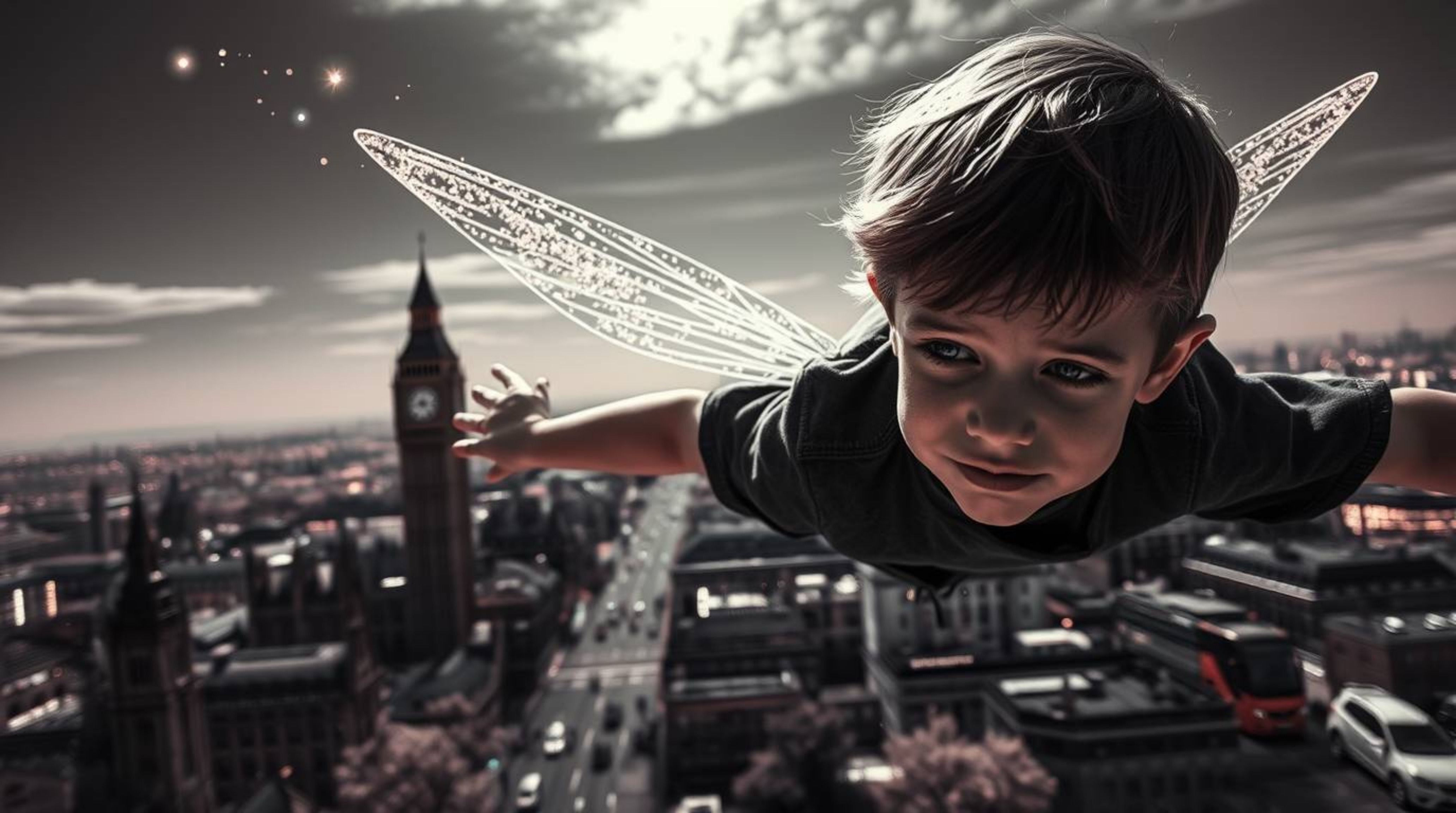 A captivating surreal infrared image depicts a young boy with fair skin seemingly flying above the London skyline, trailed by